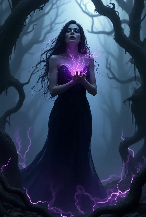 A evil woman..Villain and wife o hades...In the underworld with nature background praying to hades..Purple lightning coming out of hee eyes and body..ultra realistic and 4k