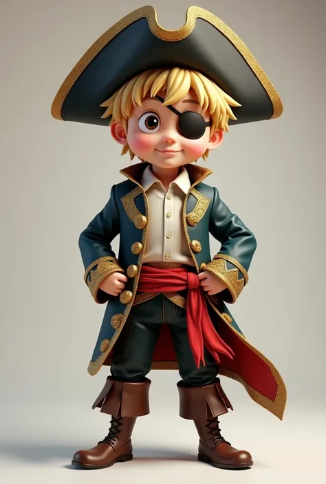 blonde boy with book-style hair wearing full body pirate assistant costume from front pose