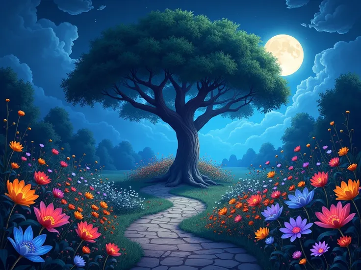   A night garden with a moon with different colored flowers, a tree and path facing the FRONT, (THE WHOLE IMAGE LOOKING FORWARD  ) 