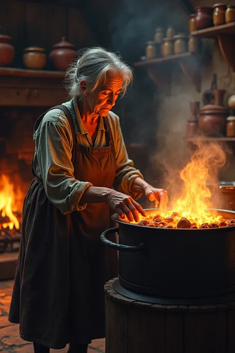 An old woman cooking in her boiler