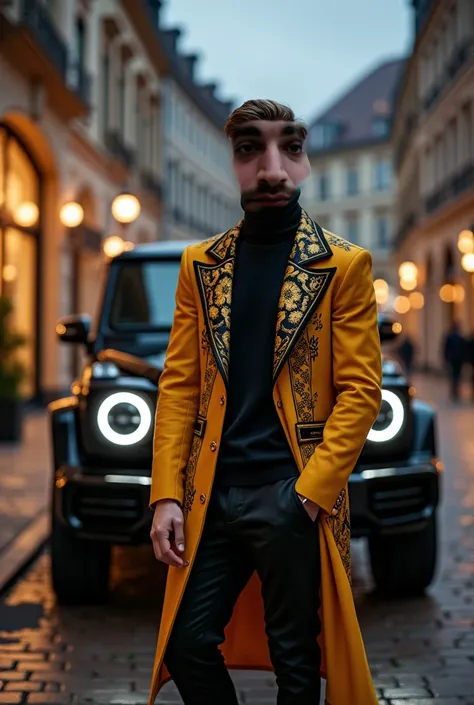 A highly realistic, high-definition image of a 25-year-old  man, he has short hair, 175 cm tall and weighing 75 kg, standing confidently in front of a Mercedes G-Wagon in Baden-Baden, Germany, at night. He is wearing a stylish Carlo Colucci outfit featurin...