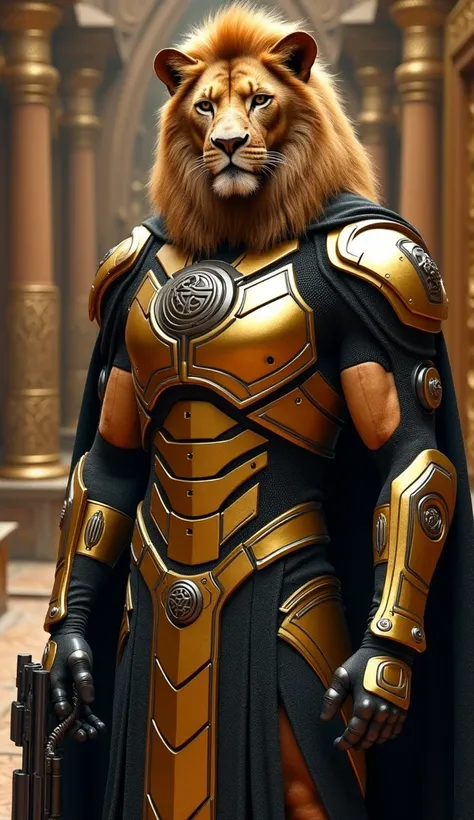  Imagine an anthropomorphic lion futuristic warrior ,  symbol on his chest that mixes elements of leader and advanced technology.  His left half is cybernetic ,  with a golden armor that covers his arm and part of his torso ,  while the right half has a mu...