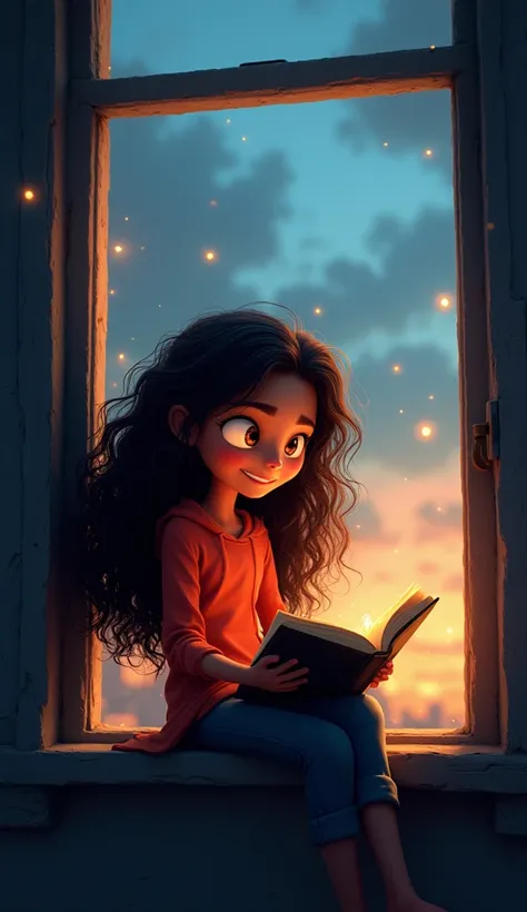 Prompt: ""lara, Its a ,  long curly hair and glowing eyes ,  is sitting in the same window , smiling while .  The environment around her seems to come to life ,  as if the adventures in the book were taking place right there .  The street in front of the w...