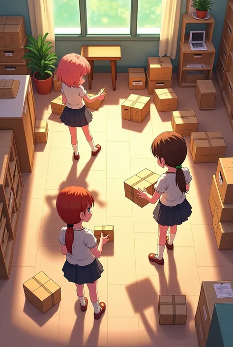 Animation of 3 girls sorting customers 100 orders arranged separately on the floor 