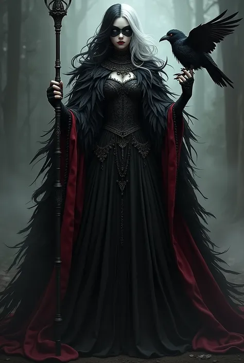 A blind girl, with a blindfold mask, mask half face, the mask covers the forehead, long hair, half black hair and half white hair, raven queen,with a crow, holding the scepter, wearing a coat of raven feathers, robed in a mantle of raven feathers, robed bl...