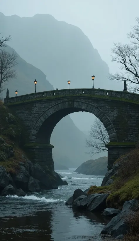 Ancient bridge in fog, ancient medieval stone  bridge in scotland