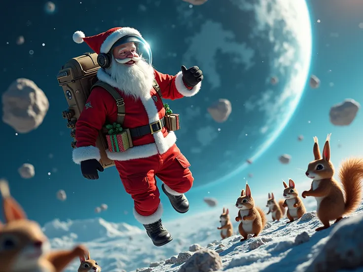 Space-suited Santa floating through asteroid field, modified helmet with beard space, crystal snowflakes forming in zero gravity
Squad of space squirrels in tiny pressure suits with jet packs, carrying presents with their tails
Alien space station with chr...