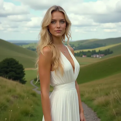 A photorealistic image :      BLONDE WOMAN,  with honey colored eyes ,  Medium-long hair  ,   golden skin with a thin and defined full-body waist 
Wearing a white dress The surrounding scenery includes green hills that stretch out to the horizon.,  punctua...