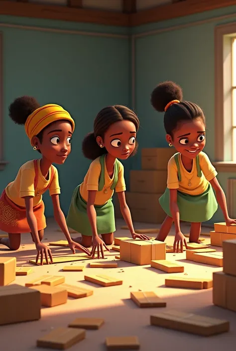 Animation of 3 Africa girls sorting customers 100 orders arranged separately on the floor 