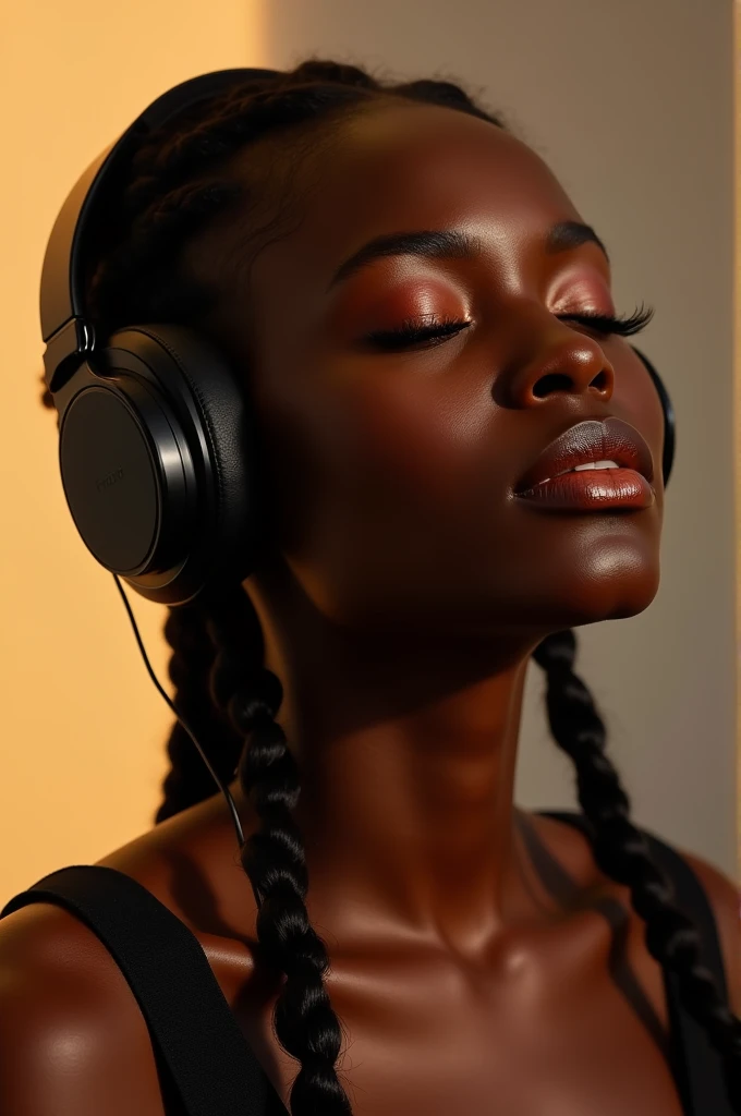 Create for me an image of a black woman listening to music image for a website banner.