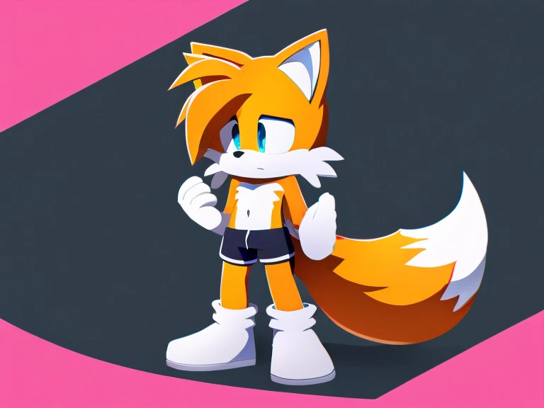 Colorful background, beautiful, very high quality, fox boy, Tails, thick hair, detailed body, shirtless, sad shorts 