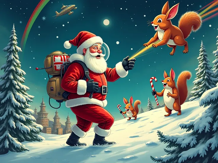 Santa in retrofuturistic transparent bubble suit, candy cane oxygen tanks, holographic nice-list display
Glowing space squirrels with bioluminescent fur leaving rainbow trails through space
Whimsical alien worlds with floating cities, tentacled aliens deco...