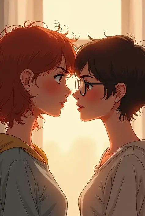 I want two girls looking at each other with love, one with reddish curly hair and the other with brown short shaggy hair and glasses, the brown haired a little more masculine.