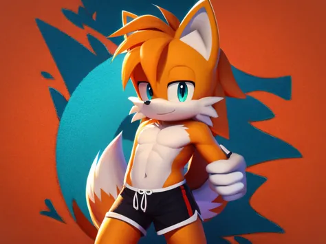 colorful background, beautiful, very high quality, fox boy, tails, thick hair, detailed body, shirtless, happy shorts