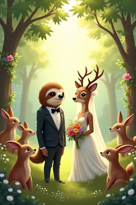 A couple  where a sloth is groom and a dear is the bride