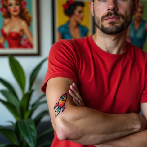 He is wear red t-shirt,The men has a tattoo of the colourful cartoon minimal tiny"rocket on his arm, tattoo on arm , the In the background There are green flowers and pin-up colourful portrait paintings on the white wall, the mens face is not visible, the ...