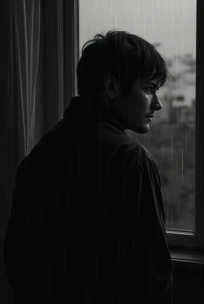 Black and white image of adult looked depressed outside the window of rain