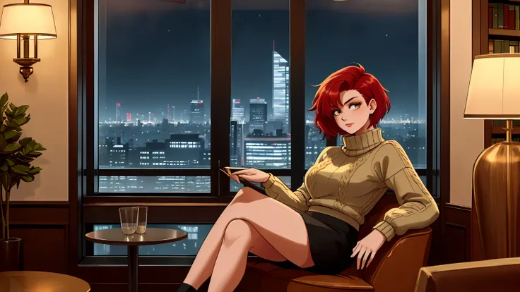 "A confident sexy woman with red aubrn short hair relaxing near the window of a chic library lounge, dressed in a cozy oversized beige sweater paired with a stylish mini skirt. The large glass window reveals a bustling cityscape glowing in the night, while...