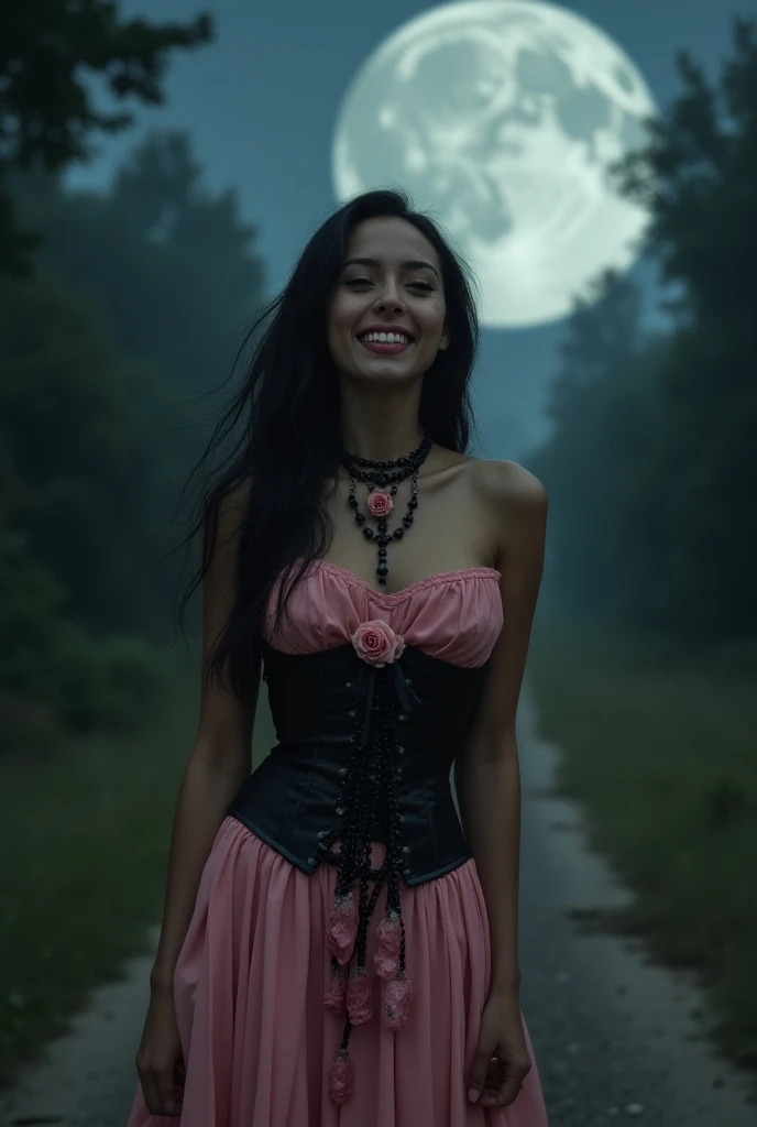   new wearing a pink dress and skirt with black hair , black corset, Necklace with a pink rose around the neck , very pale skin and black eyes ,  Brazilian laughing a lot at a cross crossroads, Well the night with a full moon in the sky , With low lights ,...