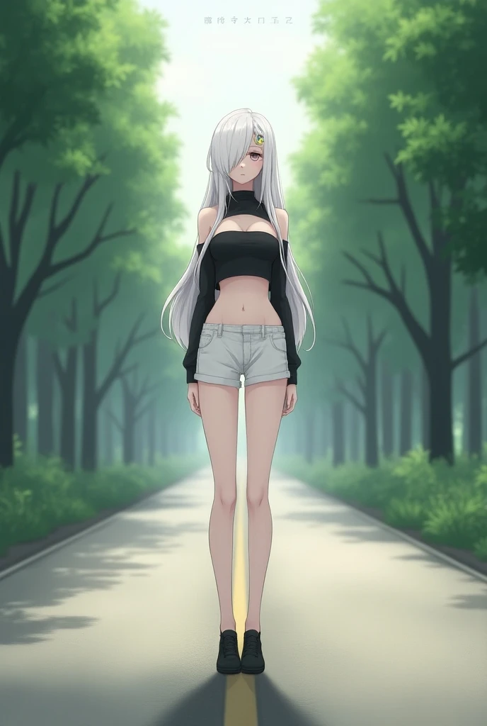 A beautiful white anime girl wears very short white pants and a black shirt without sleeves with a big opening at the stomach. She has black shoes while she is standing on the road with trees around it 