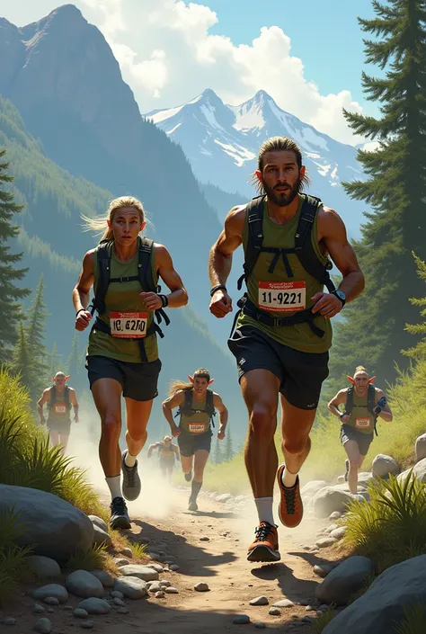 Legolas et Gimli du seigneur des anneaux dans une version moderne en tant que coureur de trail avec léquipement de trail, un dossard en train de faire la course avec des gobelins eux aussi habillés en sportif 