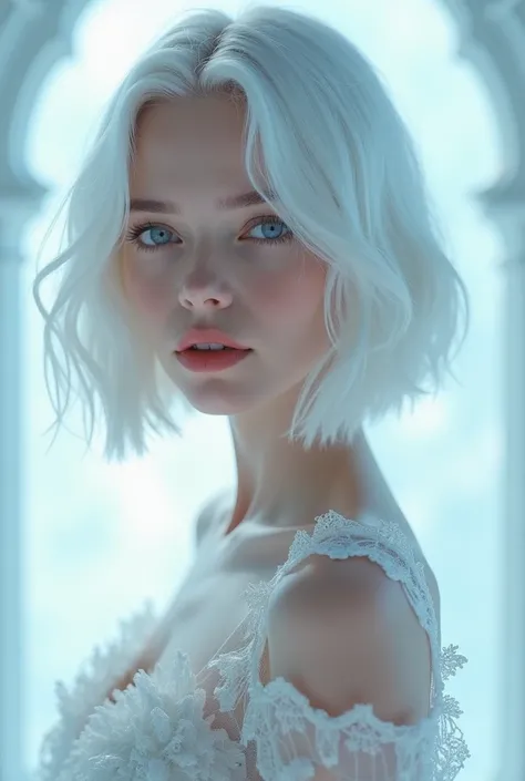 Beautiful cute gorgeous girl white colour haired long bob  haired  style till neck blue eyes perfect body ice 