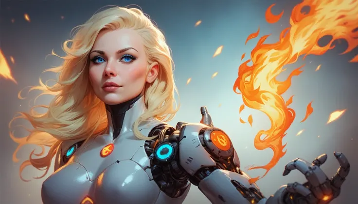  A machine in a robot workshop assembling the body of a cyborg woman, blonde with blue eyes, realistic and detailed,  mechanical parts ,  futuristic cybernetic scenario , Sparking Sparks, Flames of Fire and Embers 