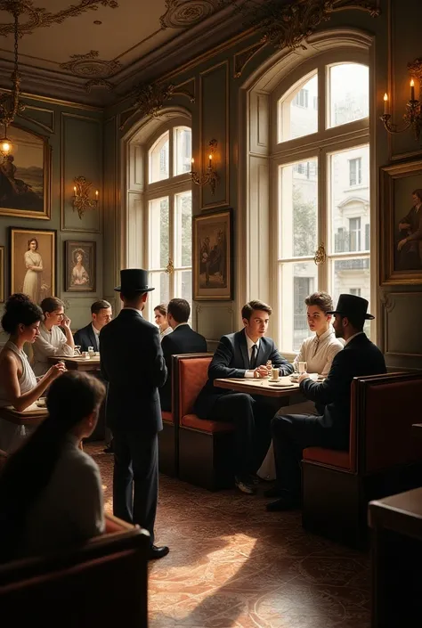 Create an image of a coffee shop and gallery in Paris where they drink coffee in 1905