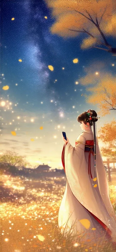 Autumn, autumn night sky, beautiful scenery, a princess in a kimono standing, holding an iPhone.