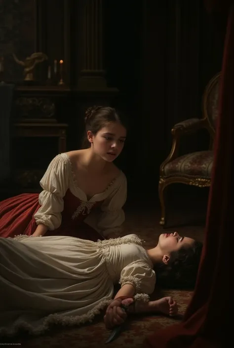 You can add that they are both on the floor and the boy stabs the girl and that the girl wears a dress like those of the nobility of the 1700s