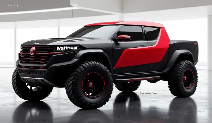 Truck, design jeep,design Toyota, futuristic based on the Fiat uno, Ultra Realistic detailed and futuristic Truck,new model and design of the Fiat Uno, black and red 