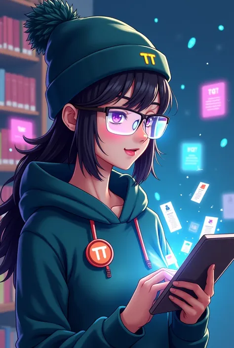 Design an anime-style portrait dimension (mobile screen sized) image of a Librarian with smart glasses that display scrolling terms. Shes wearing a beanie cap with TT written logo and a glowing curator badge. Her tablet displays expanding IT term Short for...