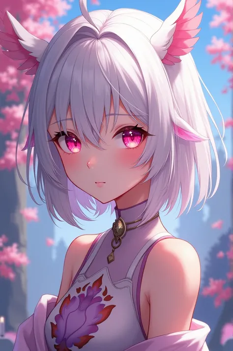 young woman, 18 years old, shaggy white hair, pink eyes, genshin impact style , Average height.