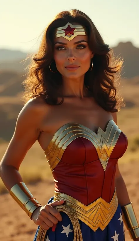 Epic realistic image depicting the beautiful Lynda Carter as Wonder Woman from 1979, brunette, with shoulder-length hair and sporting her iconic outfit with a tiara and golden lasso She is backlit with mornings light, ((1970 costume)) (((Lynda Carter))), m...