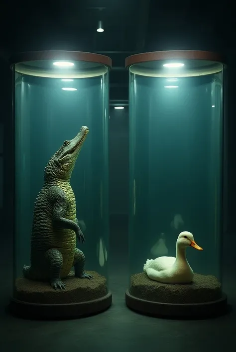 A surreal and futuristic scene depicting two parallel cylindrical glass tanks, each containing a large animal. The first tank contains a crocodile, which faces the viewer. The second tank contains a duck. The tanks are lit by bright lights, creating a stri...