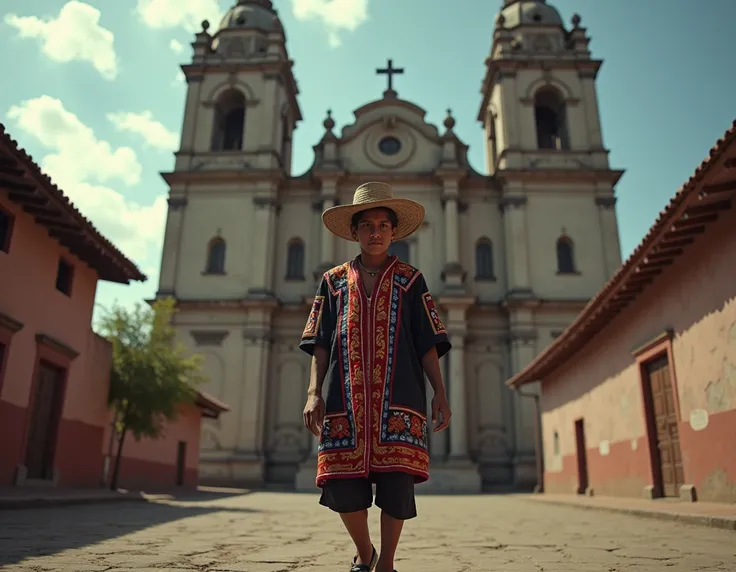 A sick young man wearing typical Peruvian clothing . In this image, the man is coming to a huge church.. Real style.