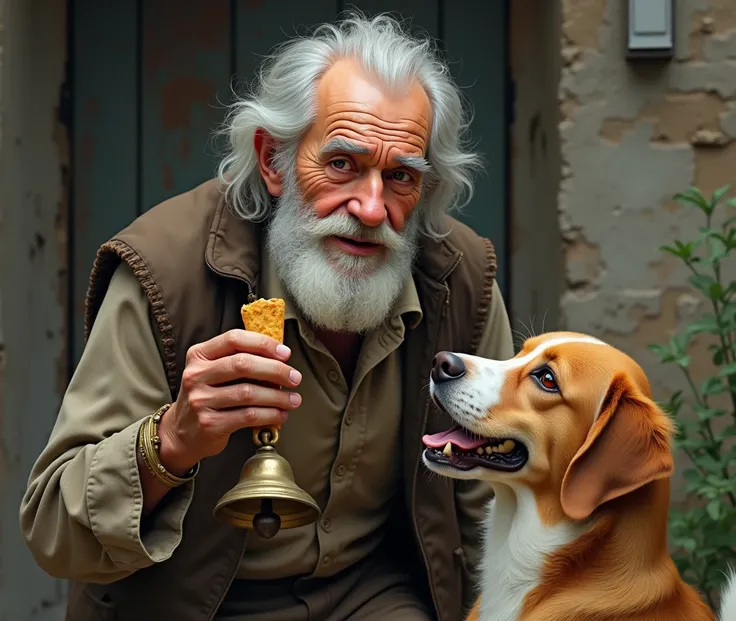 an old man , who has in his right hand a bell ,  in his left hand remarkable food for dogs and a dog sitting in front of him watching him salivating in normal background
