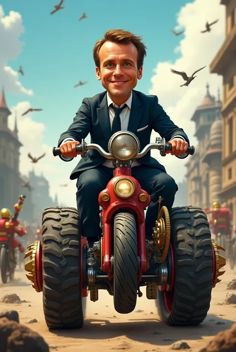 caricature. 
Emmanuel Macron at the wheel of a pedal tank.