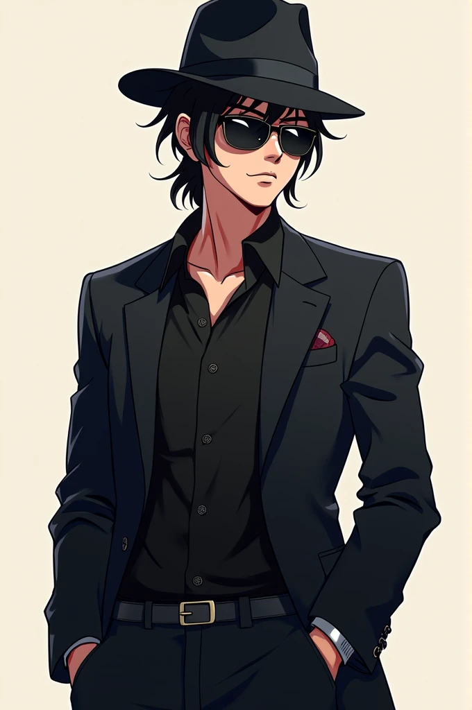 Create an anime  / cartoon protagonist in a suit with black clothes and dark glasses and a half rebellious 19-year-old with a hat and Michael Jackson style