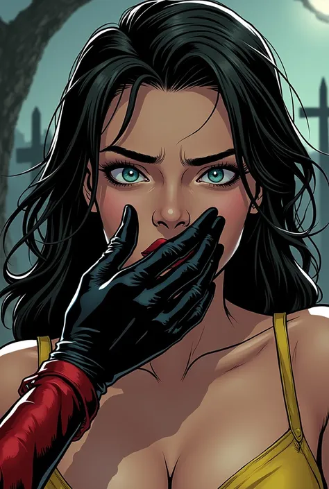 Comic Book-Style Close-Up Description:

The panel zooms in tightly on Cecy’s face, her features caught in a moment of shock and struggle. Her dark eyes are wide with surprise, framed by her long, tousled hair that falls in soft waves around her cheeks. The...