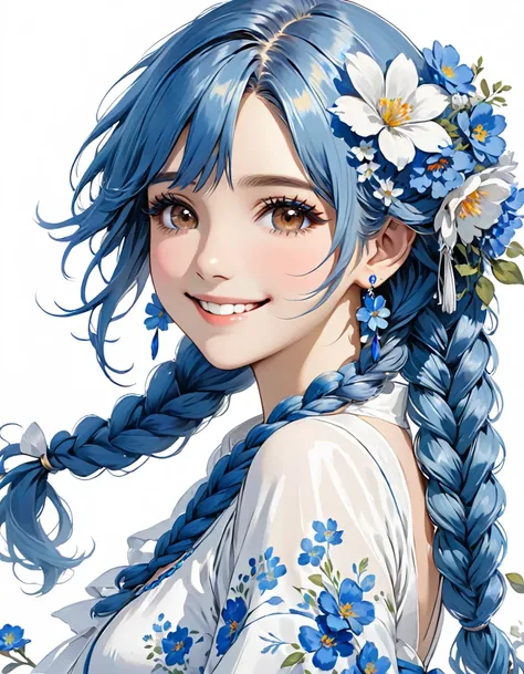 painted girl in white dress and blue hair with blue flowers on white background, 1girl, solo, flower, hair flower, hair ornament, braid, twin braids, blue hair, white flower, jewelry, smile, long hair, dress, earrings, looking at viewer, brown eyes