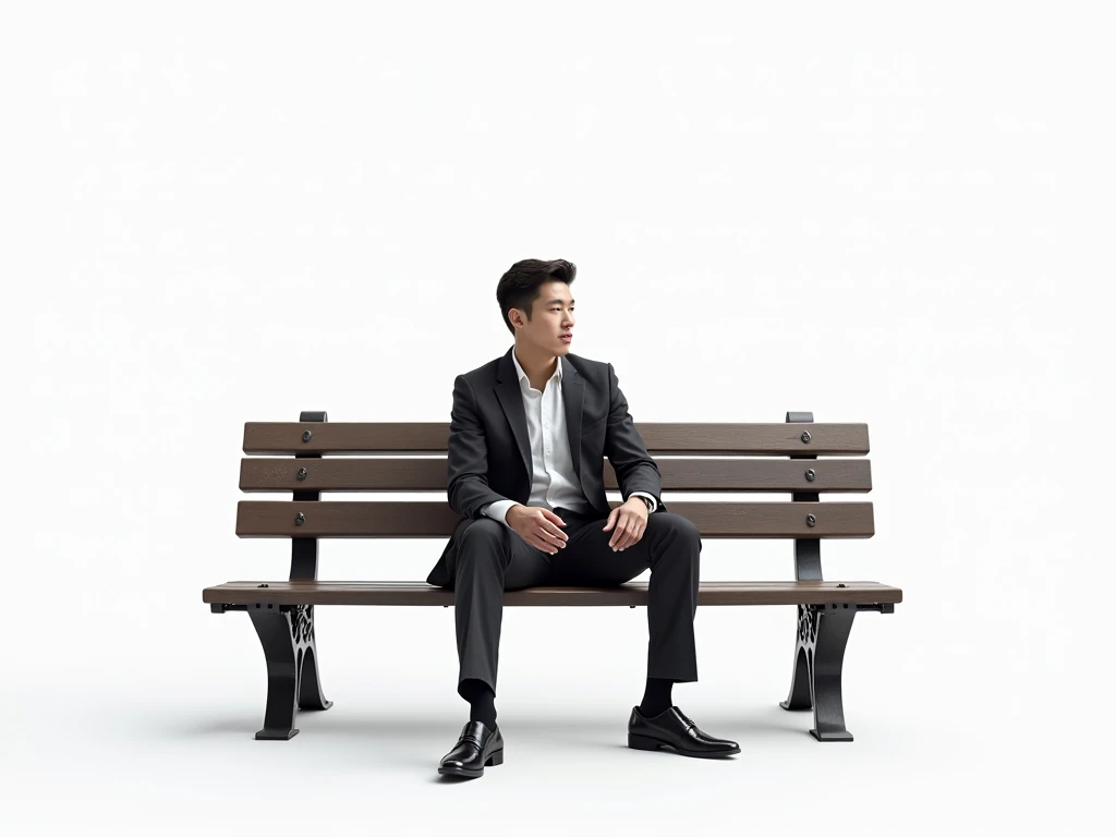 a young man in a ,  suit sitting on a park bench talking (white background)