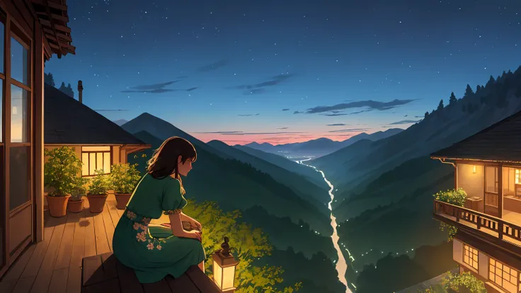 "A peaceful scene of a woman seated on the balcony of a mountain villa, wearing a casual green floral dress that flows gently in the evening breeze. Below her, distant village lights dot the valley, and the sky above is painted with countless stars, adding...