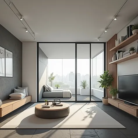 " Create an illustration of a modern living room in perspective,  with the vanishing point centered on the large window in the background . The room should have a rectangular shape , com o piso de cerâmica em Gray tone  escuro.  The larger wall on the righ...