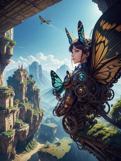  Imagine a fantastical world where nature and machines coexist .  A giant butterfly with mesmerizing human-like eyes and mechanical gears on its wings flies over a hilly landscape.  The view is of majestic mountains under a clear sky . A blend of surrealis...