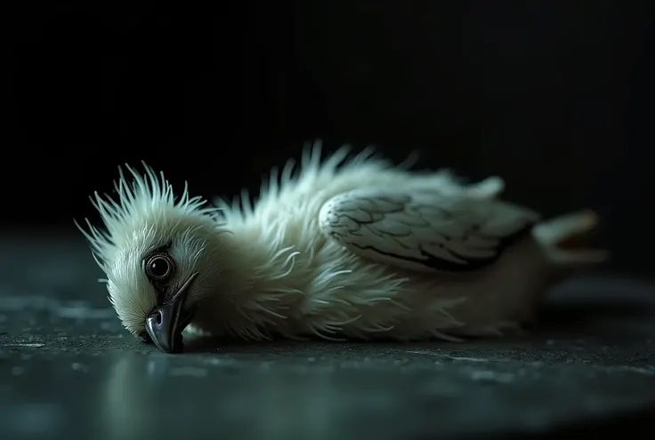 (close-up, editorial photograph of [[a dead bird, (masterpiece:1.2), wide angle photo]], (background inside dark, moody, private study:1.3), full body portrait, by lee jeffries, nikon d850, film stock photograph, 4 kodak portra 400, camera f1.6 lens, rich ...