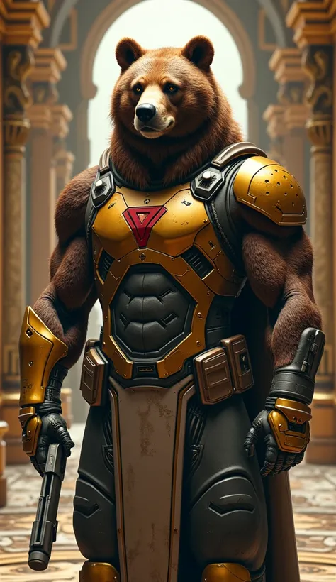 Imagine a futuristic warrior anthropomorphic bear ,  that mixes hunter elements and advanced technology .  His left half is cybernetic ,  with a golden armor that covers his arm and part of his torso ,  while the right half has a muscular arm with some sca...