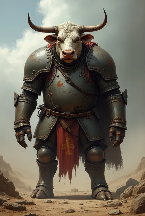 Create a detailed image of an old cow in armor 