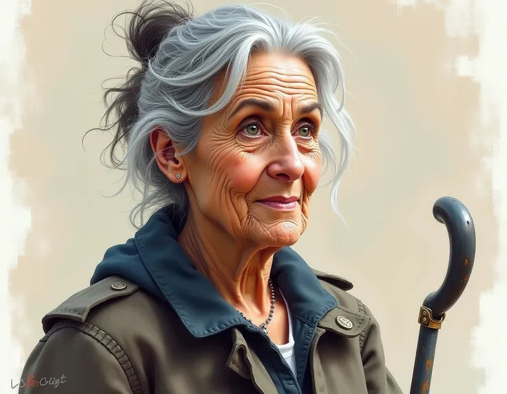 CREATE:  A 56-year-old Italian woman who exudes authority and wisdom.  Her face is marked by lines of experience ,  with penetrating eyes that reflect a life full of challenges and achievements .  has elegantly tied gray hair ,  which contributes to her go...