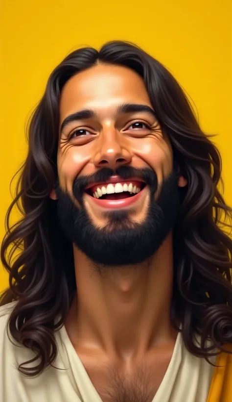 The face of young, heartthrob and attractive Jesus on a yellow background. Jesus with a beard and long black hair. Jesus is smiling. he is very beautiful
